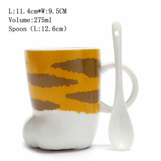 Yellow and Brown Tiger Print 3D Cat Paw Cup with Spoon
