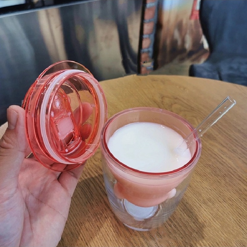 Clear Pink Double Layer Cat Paw Cup with Straw