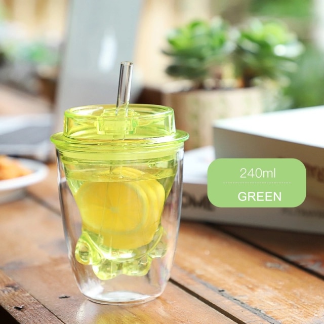 Clear Green Double Layer Cat Paw Cup with Straw