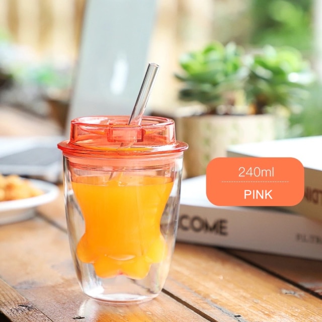 Clear Pink Double Layer Cat Paw Cup with Straw