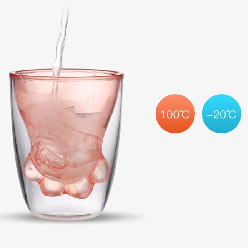 Clear Pink Double Layer Cat Paw Cup with Straw
