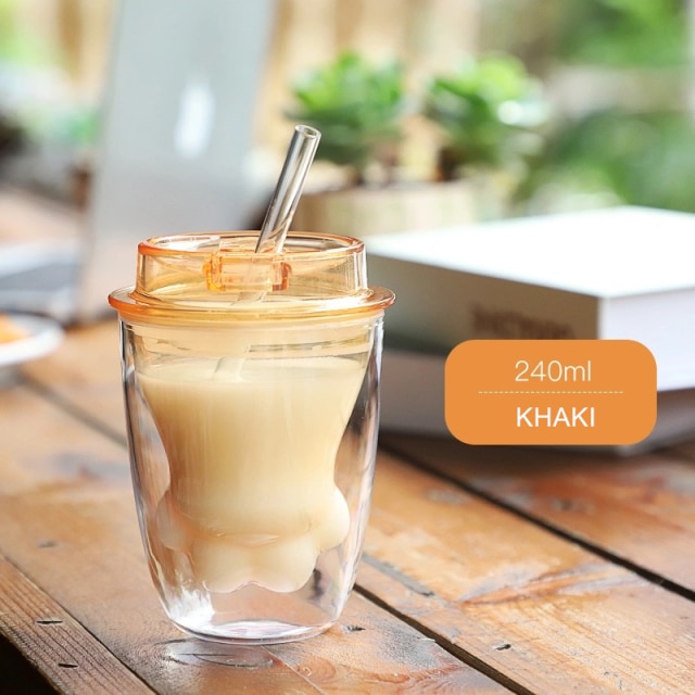 Clear Khaki Double Layer Cat Paw Cup with Straw