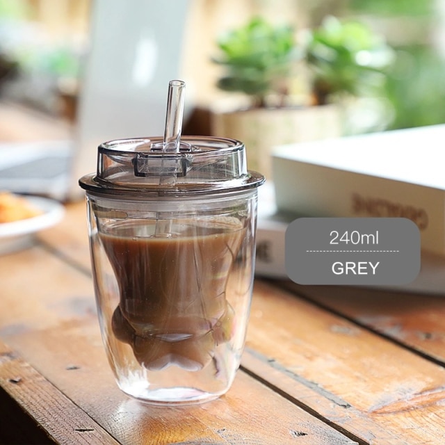 Clear Gray Double Layer Cat Paw Cup with Straw