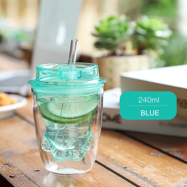 Clear Turquoise Double Layer Cat Paw Cup with Straw