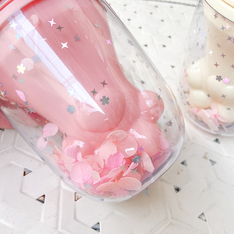Pink Glitter Double Layers Paw Cat Cup with Lid and Straw