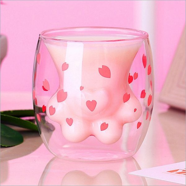 Cherry Powder Household Transparent Insulation Glass Water Cup Cat Claw Cup Creative Glass Double Layer Coffee 2 - Cat Paw Cup