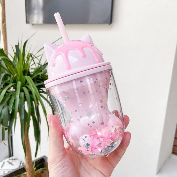 Water bottle cute personality cat paw plastic cup cute cartoon ins photo posing creative straw cup 2.jpg 640x640 2 - Cat Paw Cup